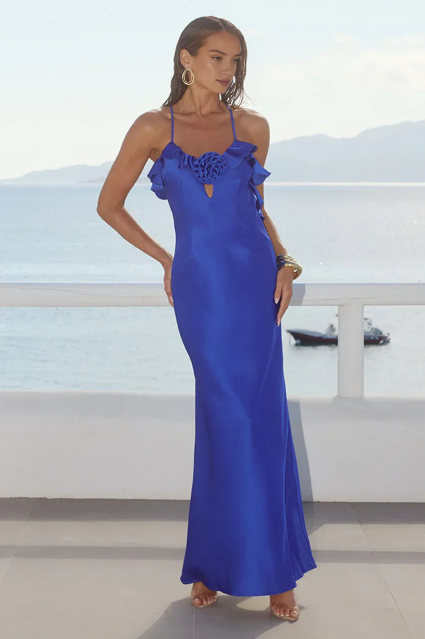 Trendy Fitted Spaghetti Straps Sleeveless Flower Satin Floor-Length Prom Dress