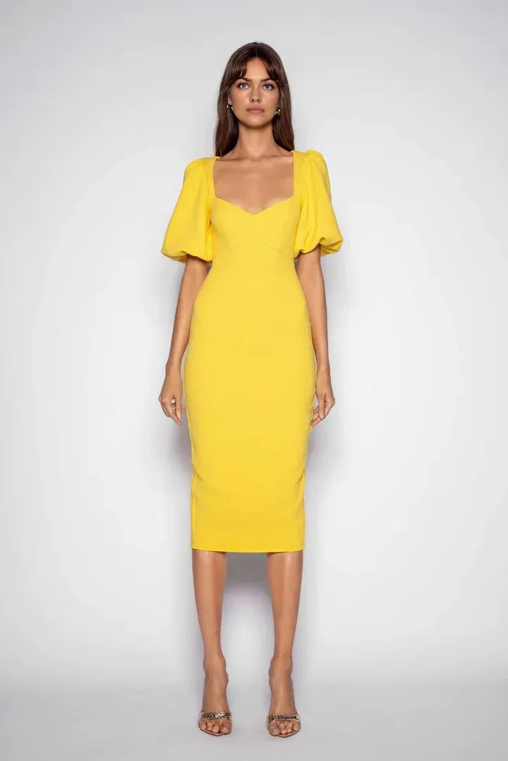 Trendy Fitted Sweetheart Puff Sleeve Zipper Up Tea-Length Prom Dress