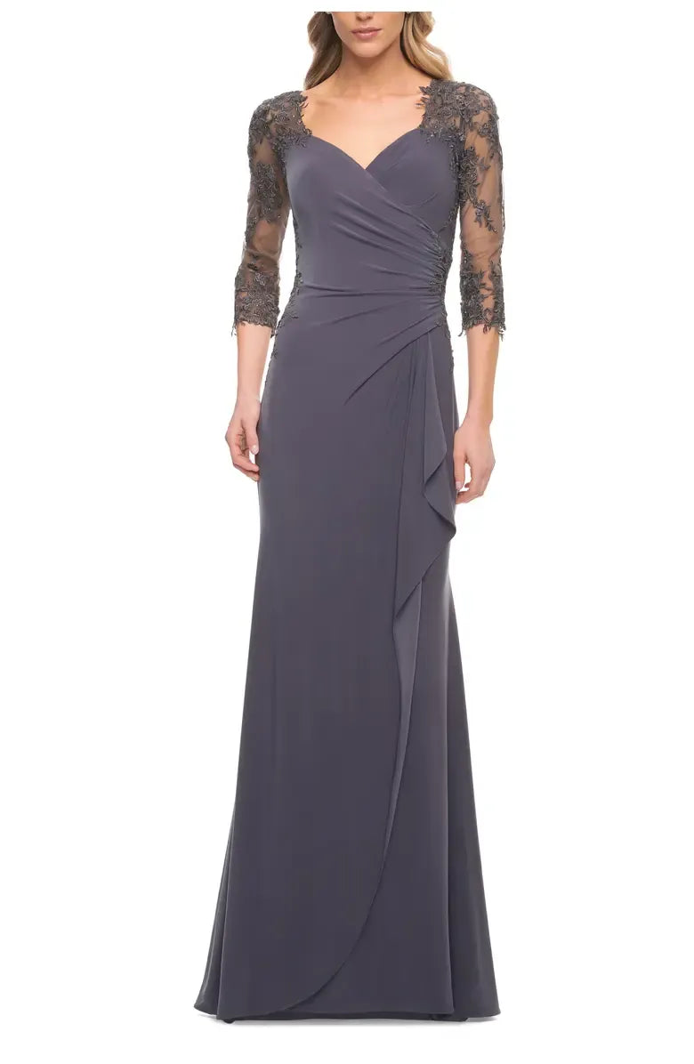Trendy Fitted V-neck Illusion Sleeves Zipper Up Floor-Length Mother of the Bride Dress