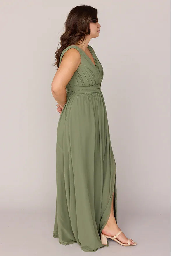 Trendy Flowing V Neck Sleeveless V Back Ankle-Length Plus Size Bridesmaid Dress