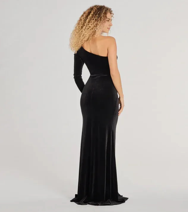 Trendy Mermaid One-Shoulder Long Sleeve Open Back Sweep/Brush Train Prom Dress