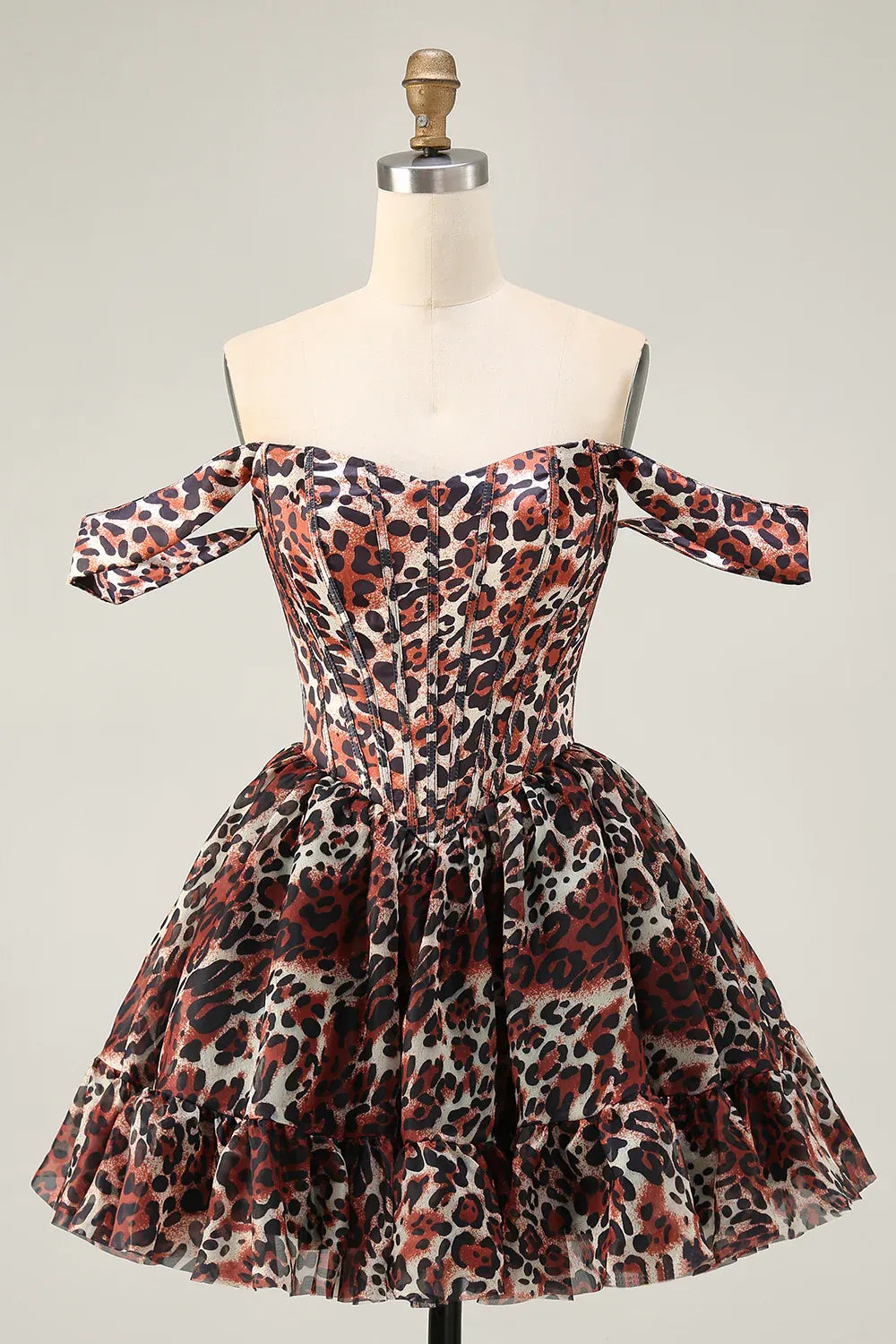 Trendy Off the Shoulder A-Line Sleeveless Leopard Print Short-Mini Homecoming Dress