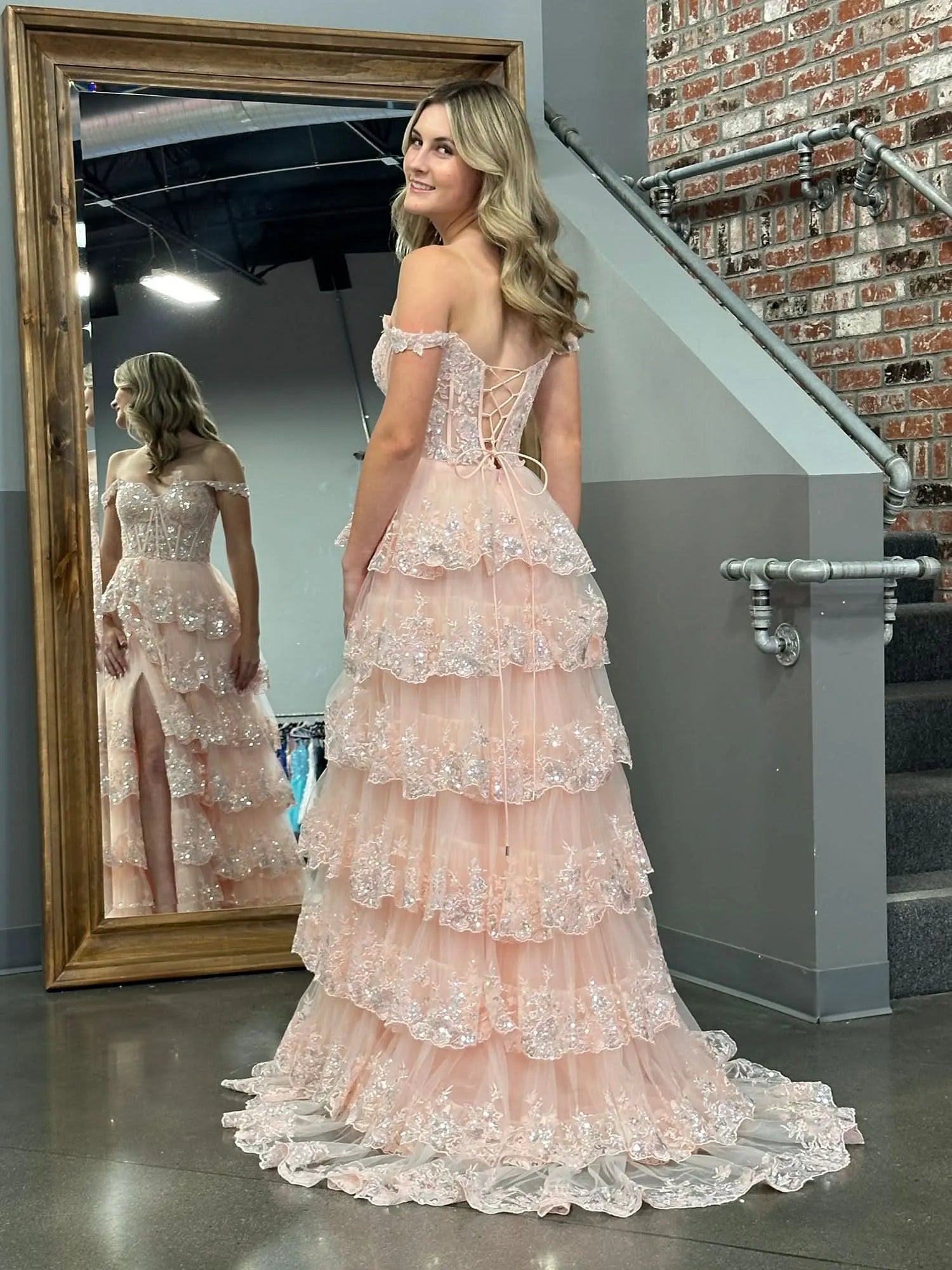 Trendy Off the Shoulder Sleeveless A-Line Tulle Tiered Long Prom Dress