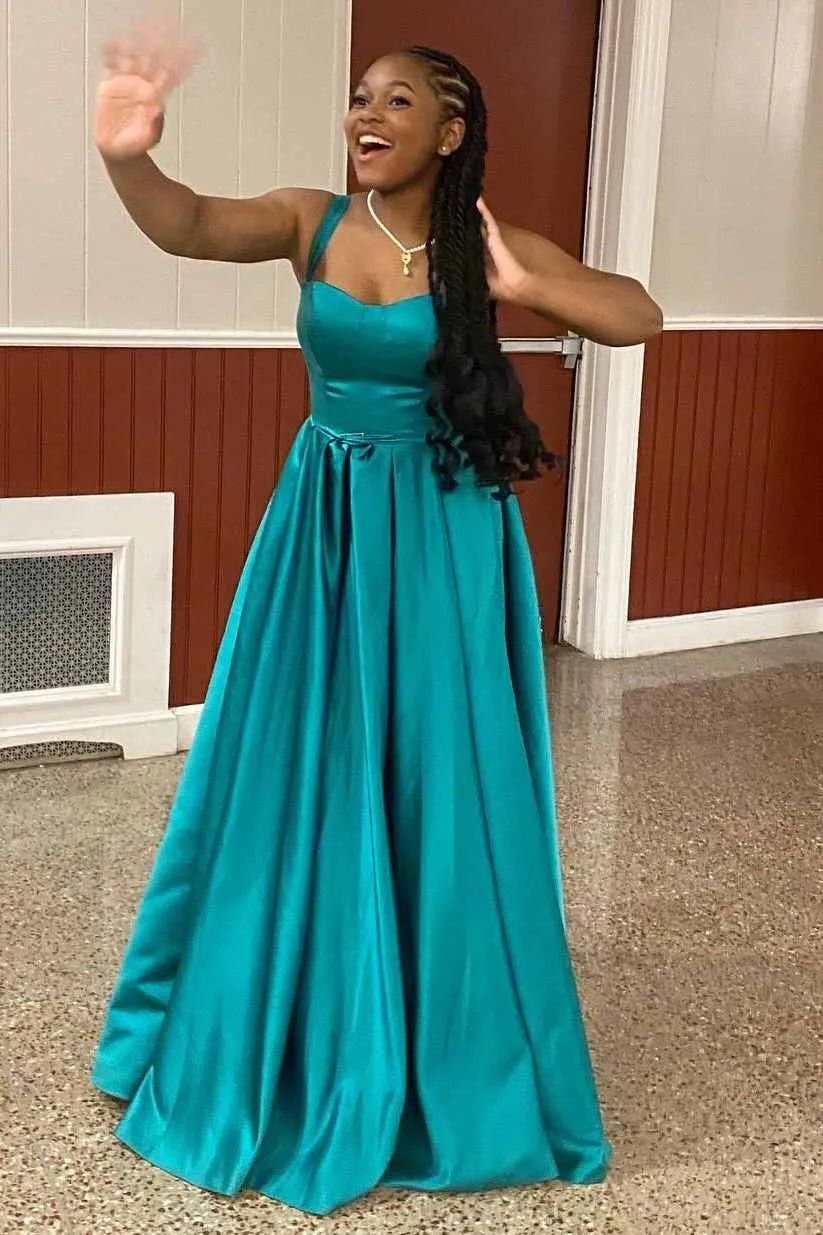 Trendy Scoop Straps Sleeveless A-Line Satin Pleated Long Prom Dress