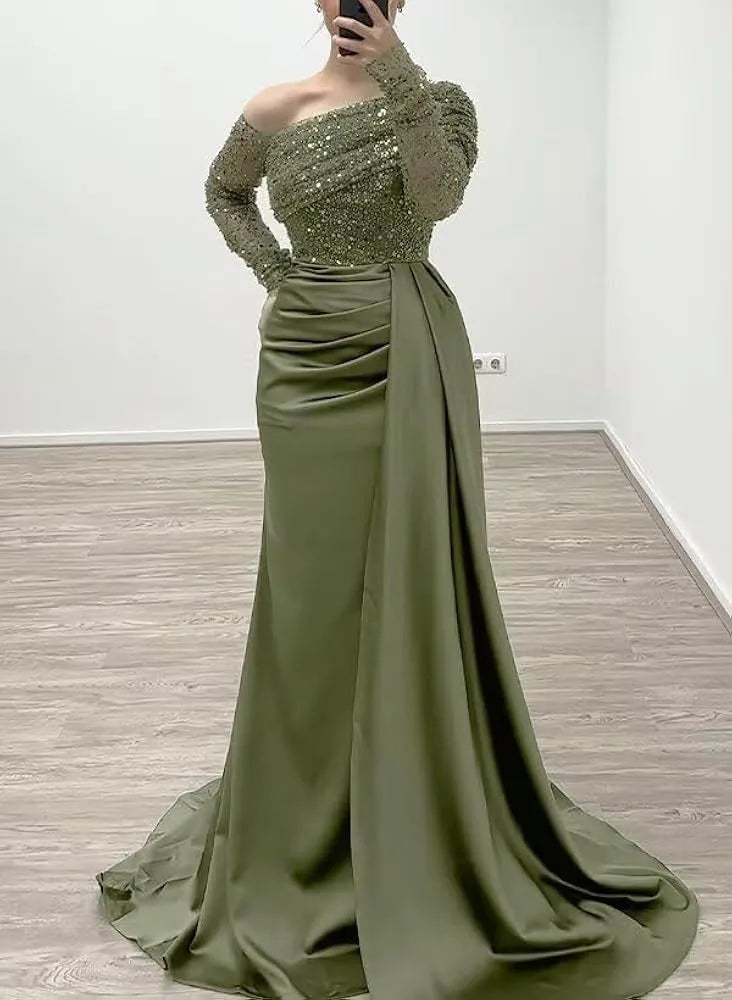 Trendy Sheath Asymmetrical-Neck Long Sleeves Pleated Satin Sweep Train Evening Dress