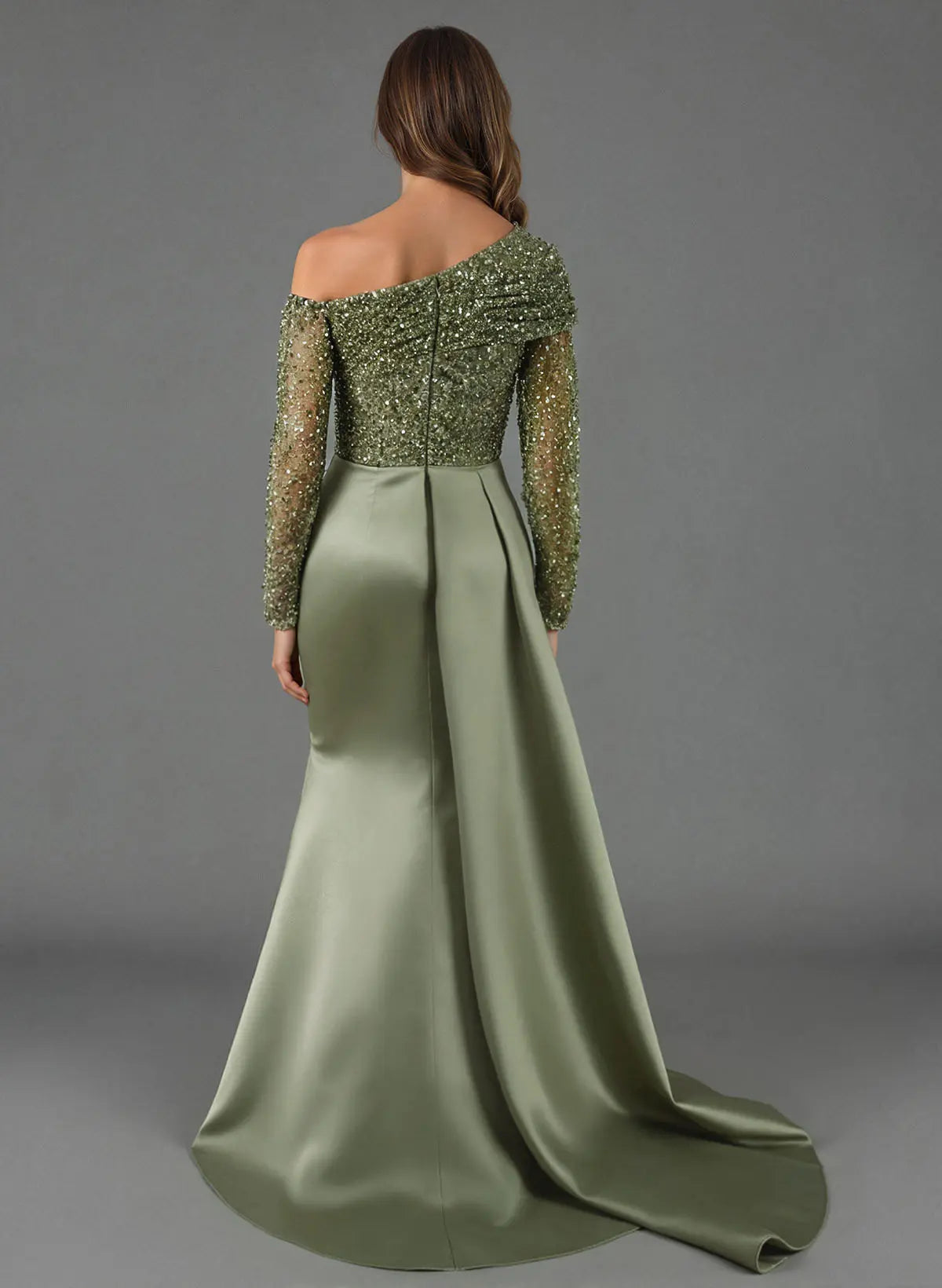 Trendy Sheath Asymmetrical-Neck Long Sleeves Pleated Satin Sweep Train Evening Dress