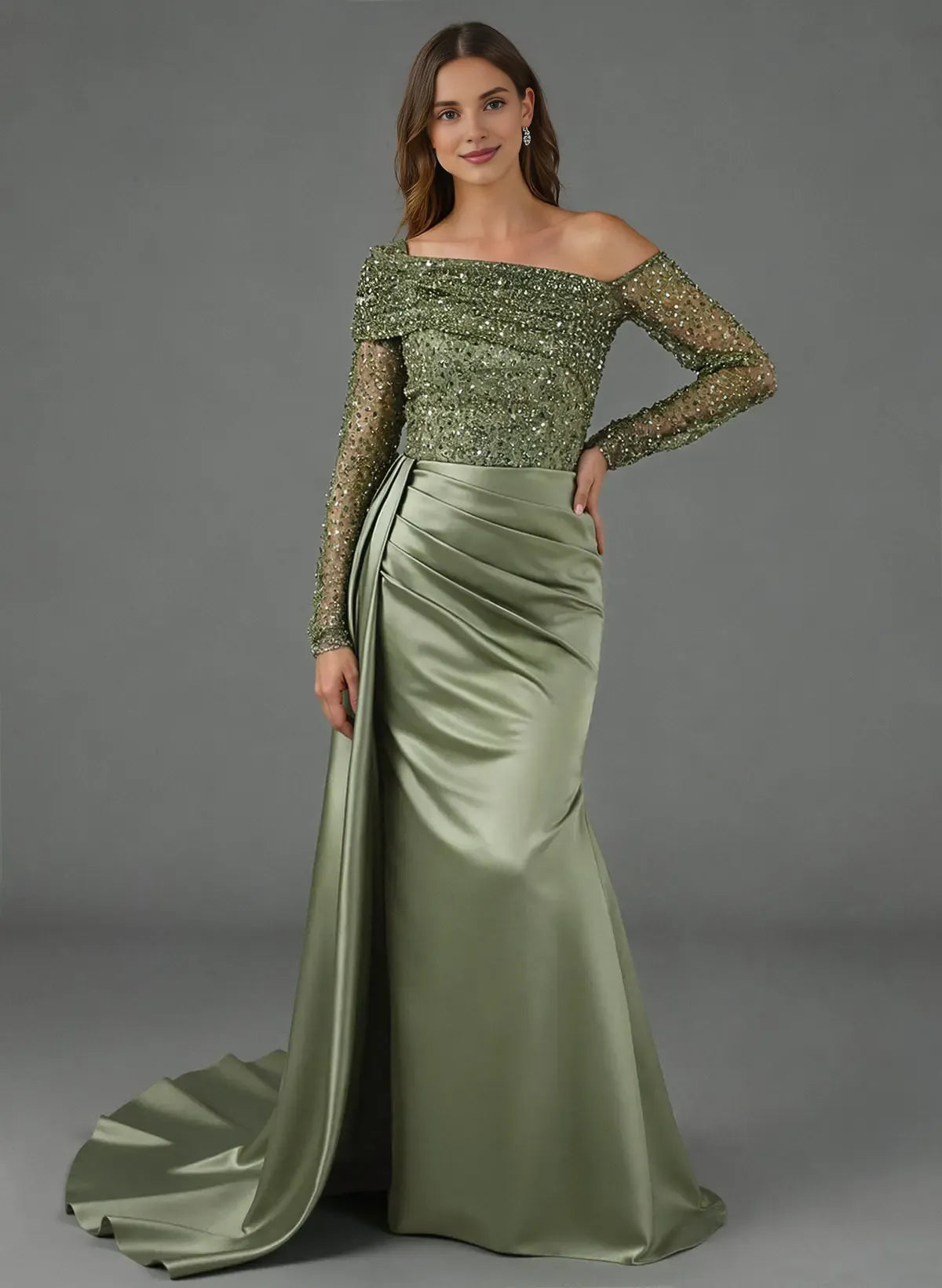 Trendy Sheath Asymmetrical-Neck Long Sleeves Pleated Satin Sweep Train Evening Dress
