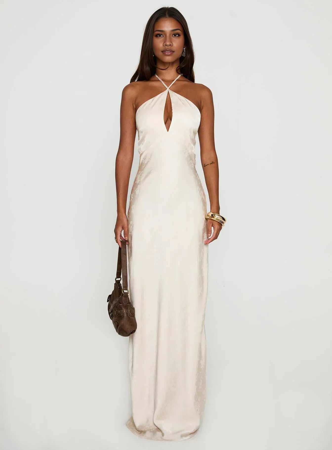 Trendy Sheath/Column Halter Neck Sleeveless Backless Floor-Length Prom Dress