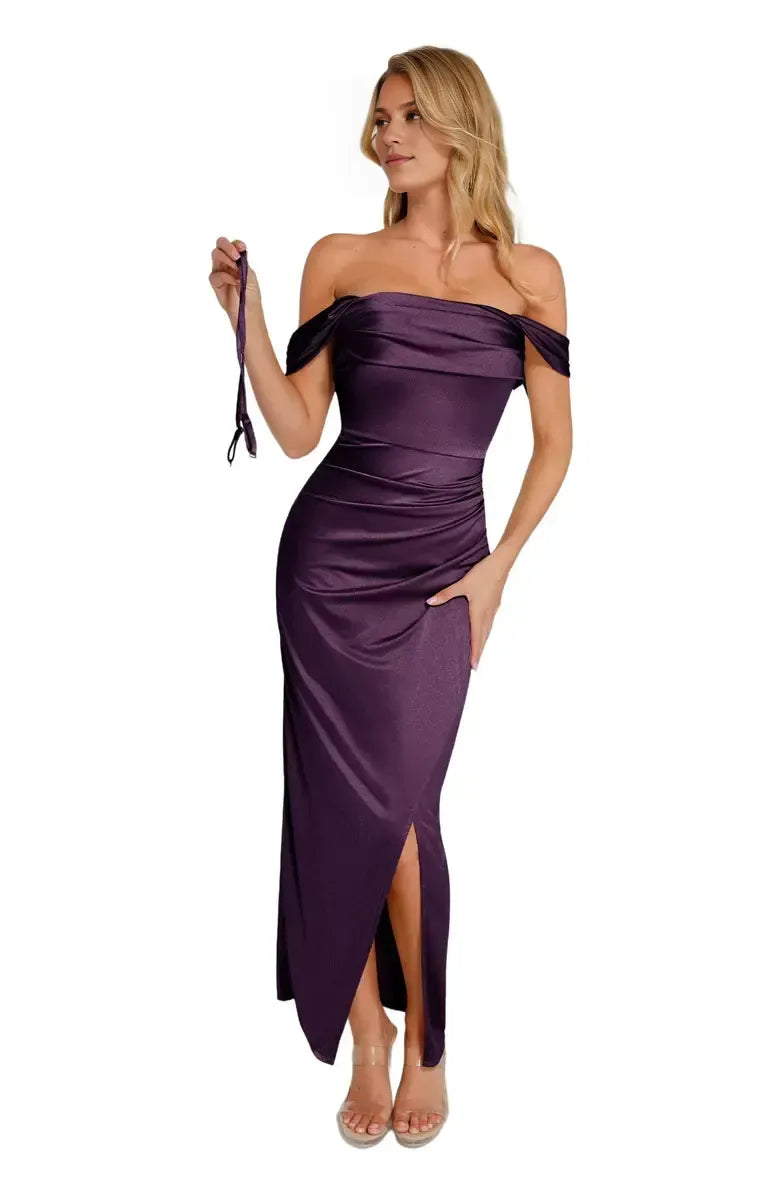 Trendy Sheath Off Shoulder Sleeveless Satin Floor-Length Prom Dress