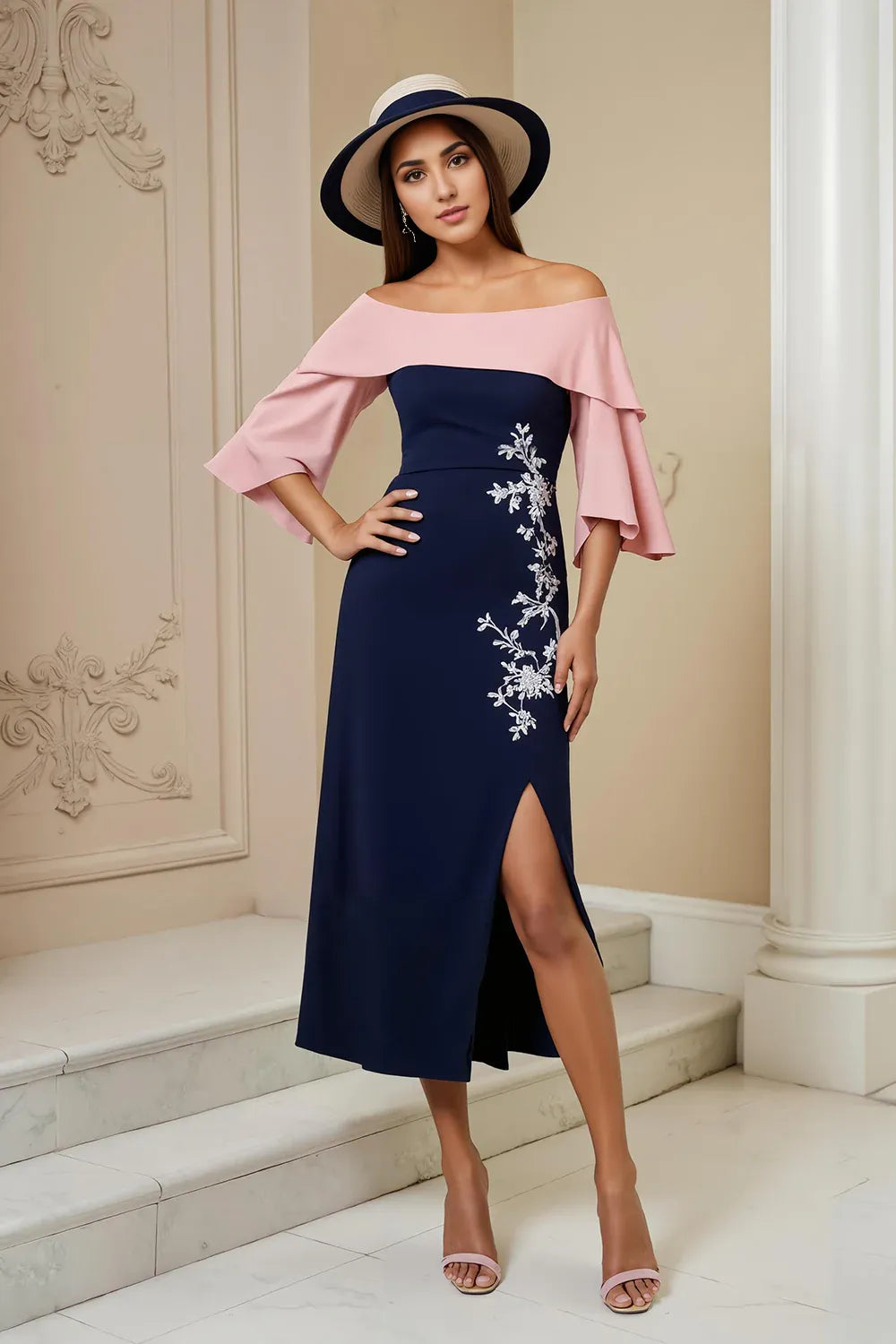 Trendy Sheath Off The Shoulder Short Sleeve Zipper Up Tea-Length Mother of the Bride Dress