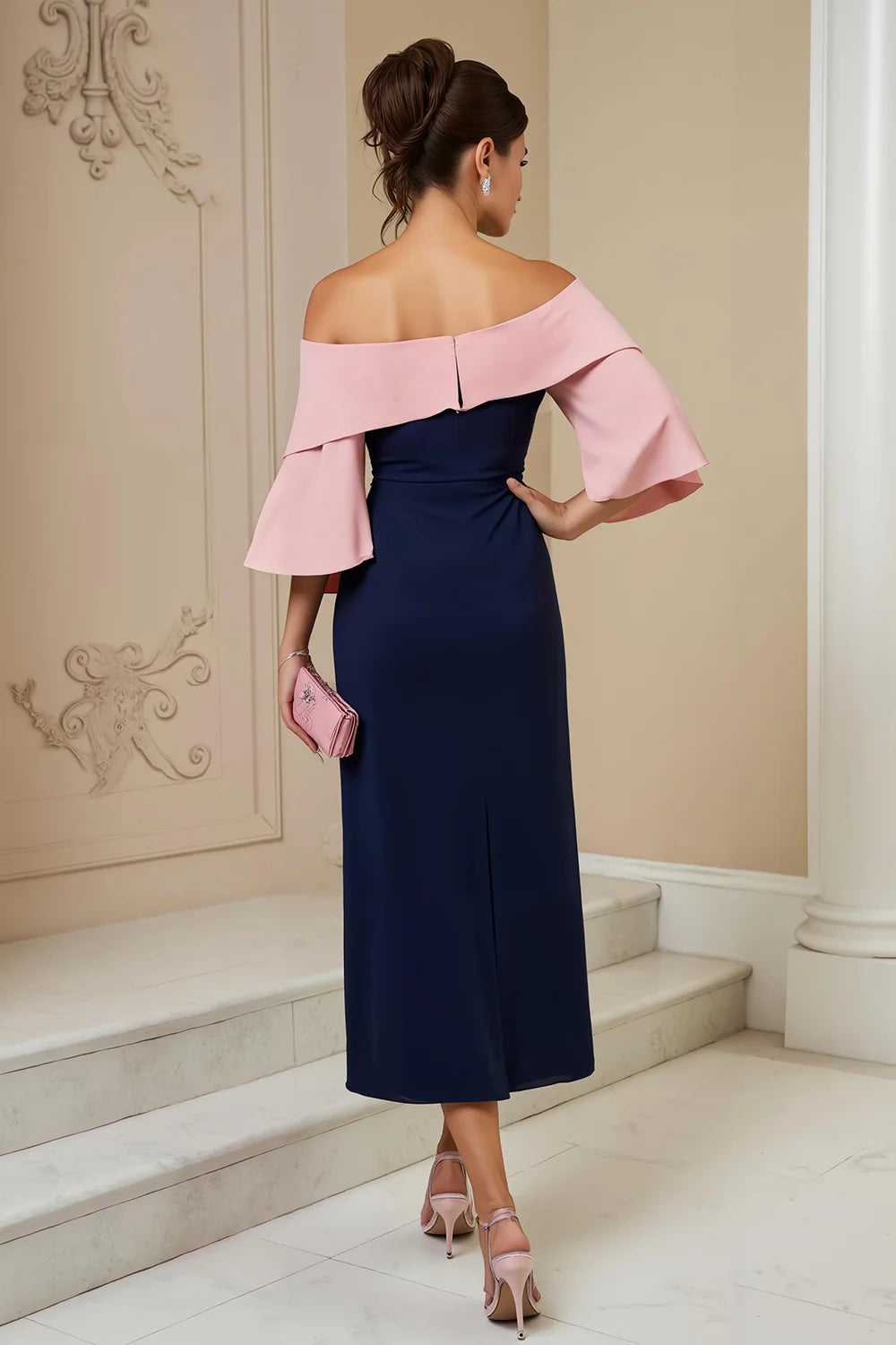 Trendy Sheath Off The Shoulder Short Sleeve Zipper Up Tea-Length Mother of the Bride Dress