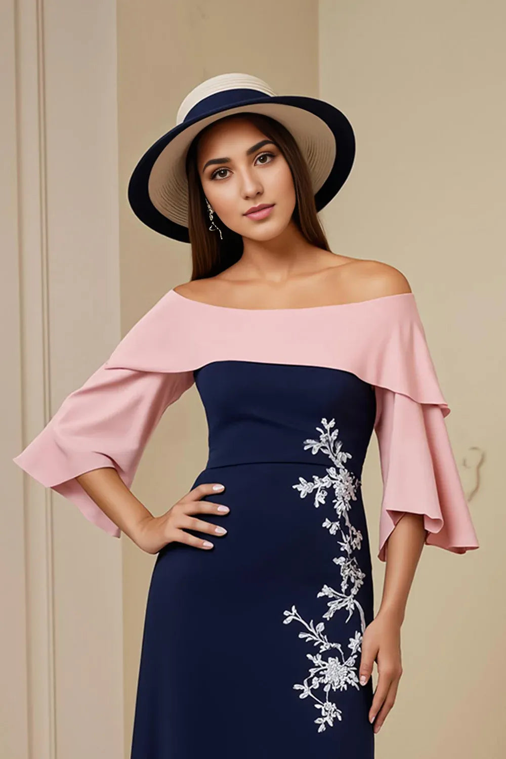 Trendy Sheath Off The Shoulder Short Sleeve Zipper Up Tea-Length Mother of the Bride Dress