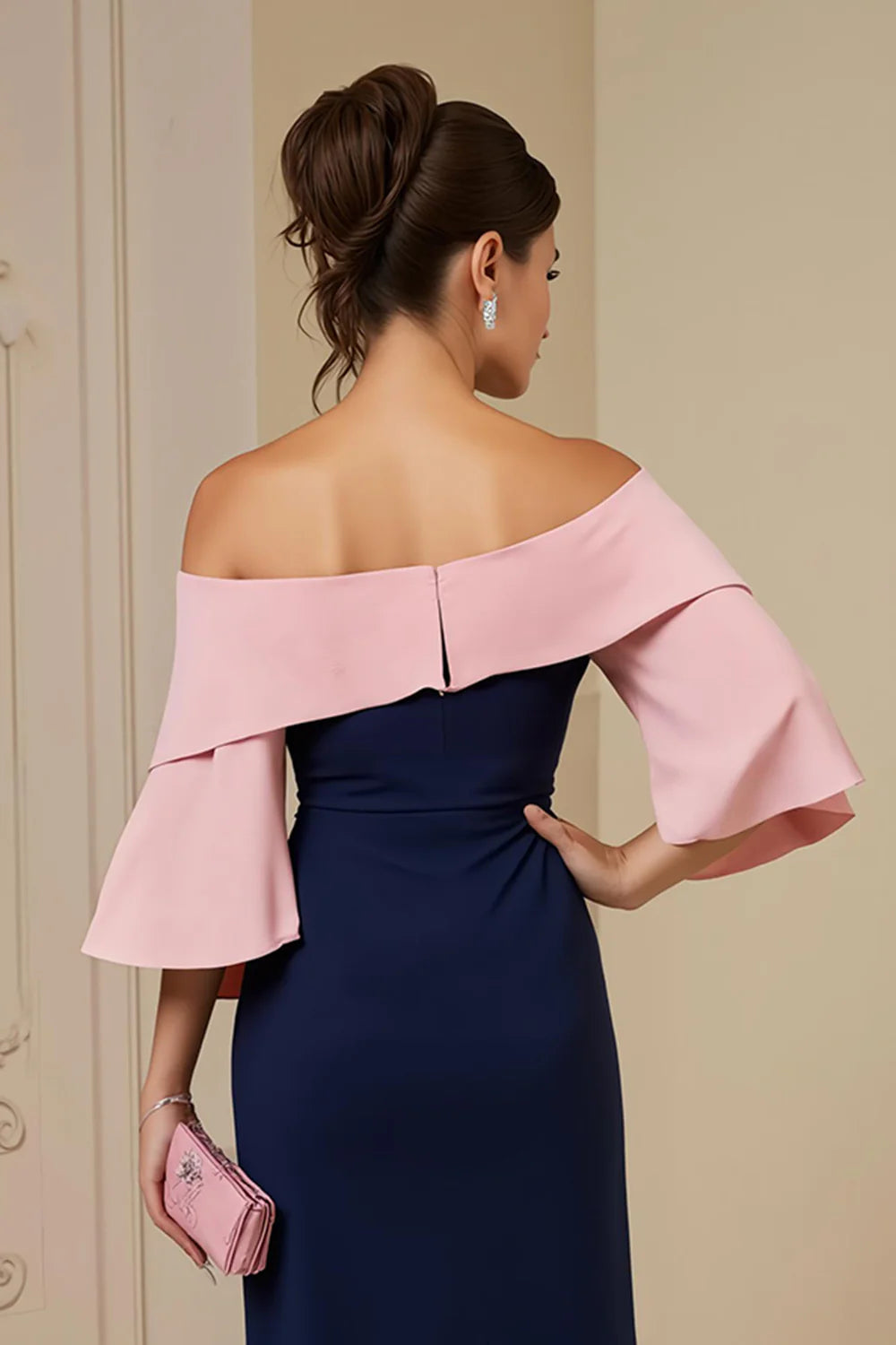 Trendy Sheath Off The Shoulder Short Sleeve Zipper Up Tea-Length Mother of the Bride Dress