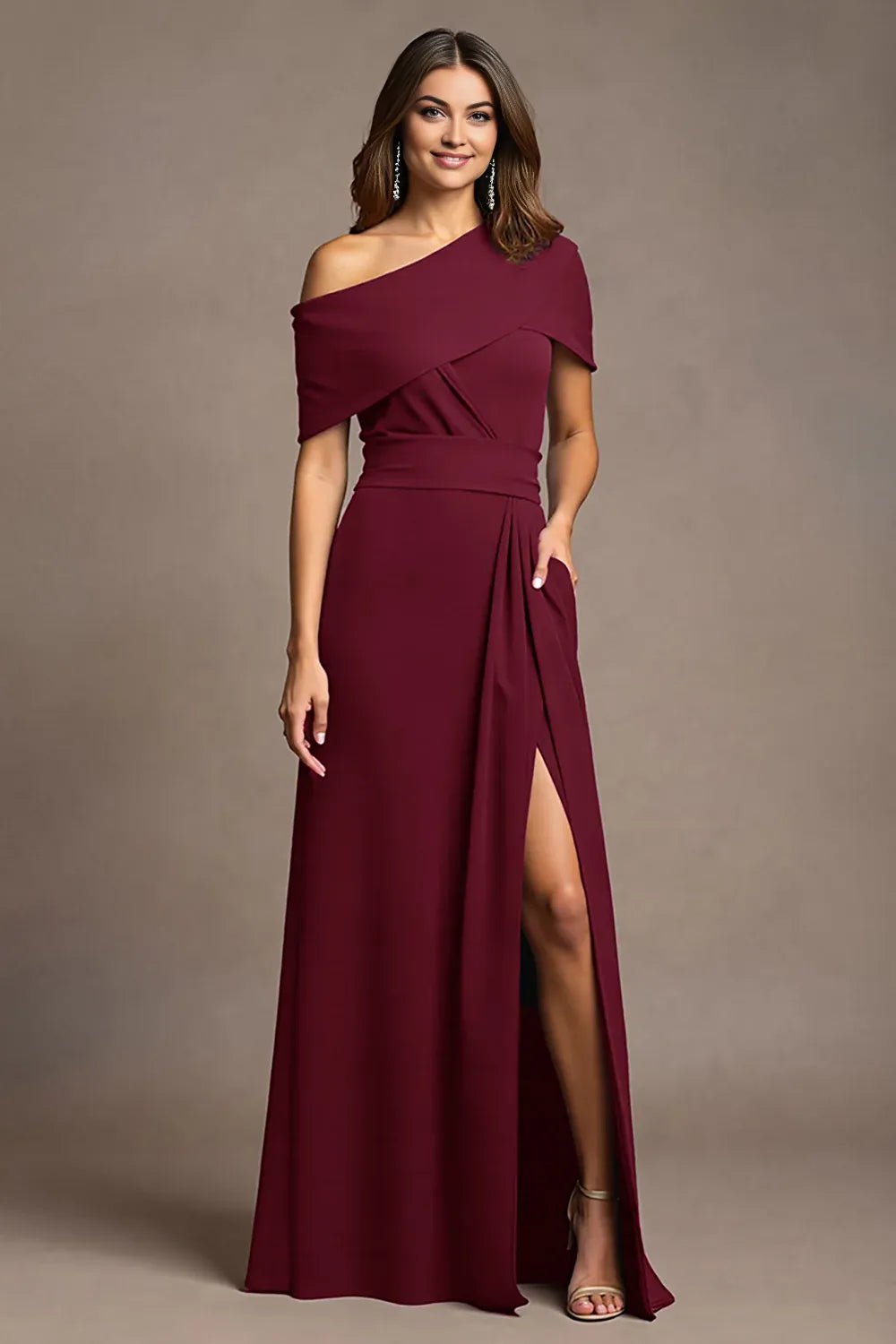 Trendy Sheath One Shoulder Cap Sleeve Asymmetrical Back Floor-Length Mother of the Bride Dress