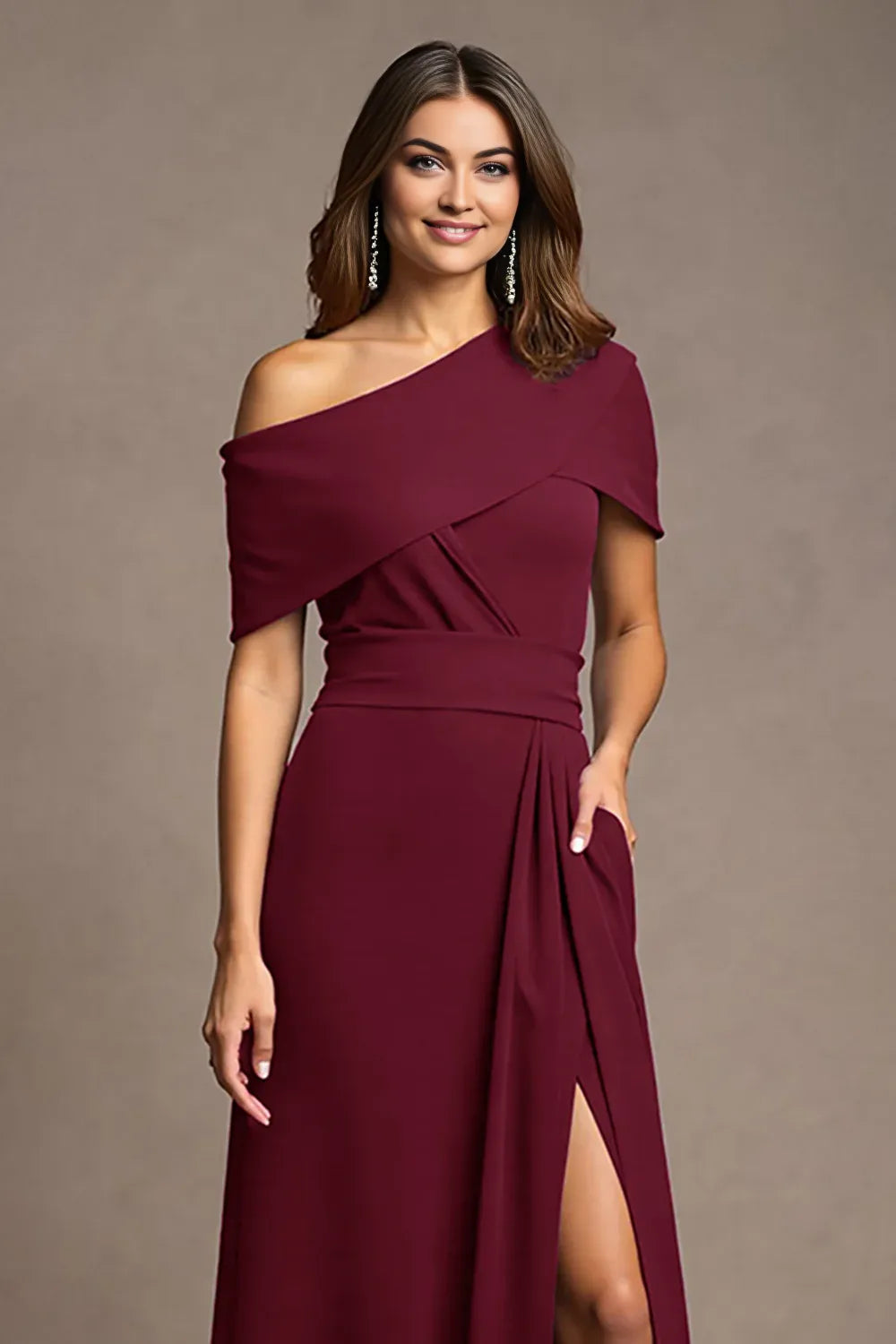 Trendy Sheath One Shoulder Cap Sleeve Asymmetrical Back Floor-Length Mother of the Bride Dress