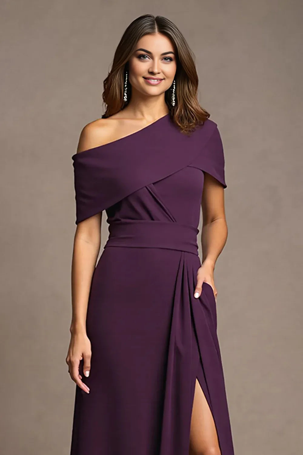 Trendy Sheath One Shoulder Cap Sleeve Asymmetrical Back Floor-Length Mother of the Bride Dress
