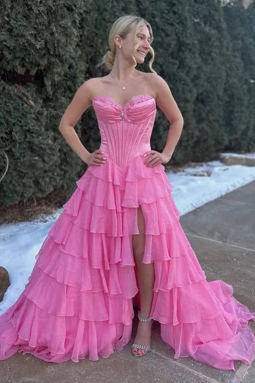 Trendy Sweetheart Sleeveless Empire A-Line Chiffon Tiered Long Prom Dress