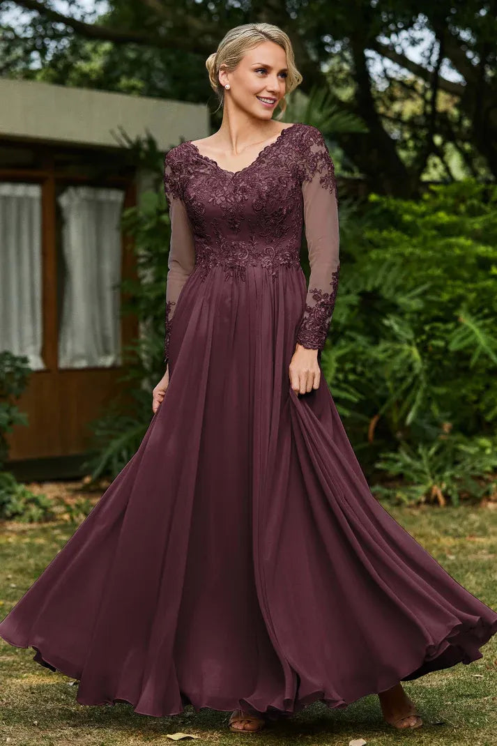 Trendy A-line V Neck Long Sleeve Sheer Back Floor-Length Prom Dress