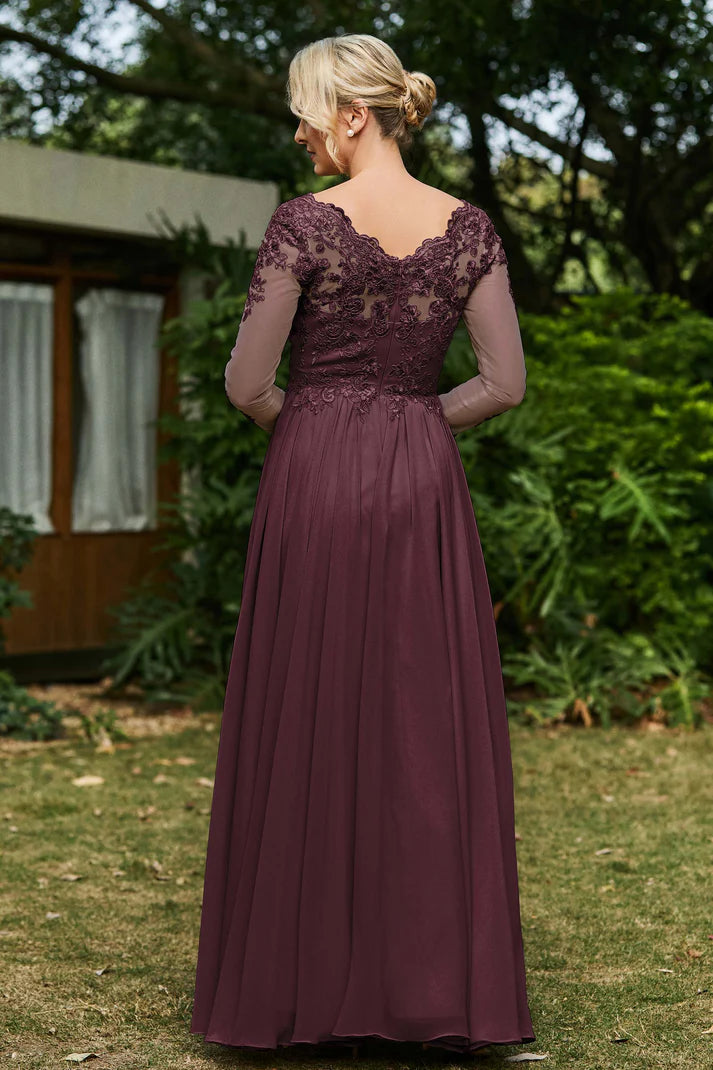 Trendy A-line V Neck Long Sleeve Sheer Back Floor-Length Prom Dress