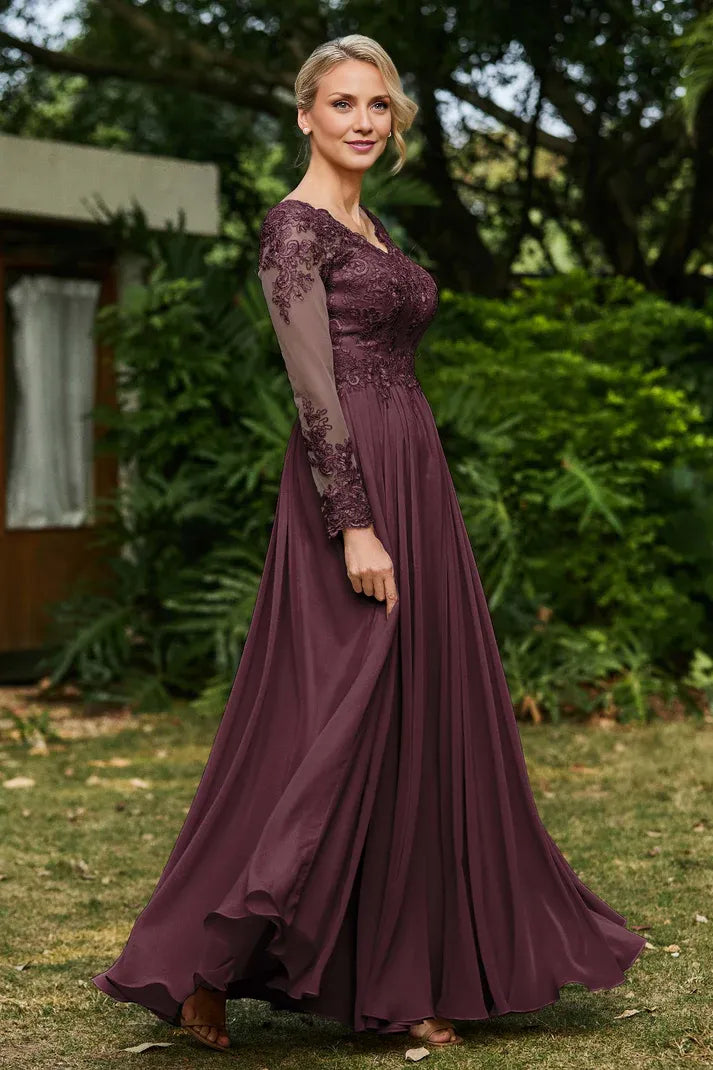 Trendy A-line V Neck Long Sleeve Sheer Back Floor-Length Prom Dress