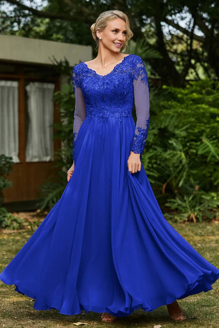 Trendy A-line V Neck Long Sleeve Sheer Back Floor-Length Prom Dress