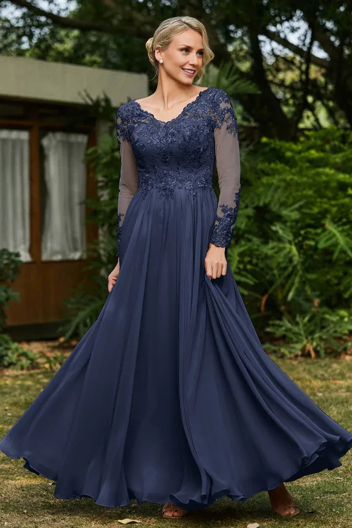 Trendy A-line V Neck Long Sleeve Sheer Back Floor-Length Prom Dress
