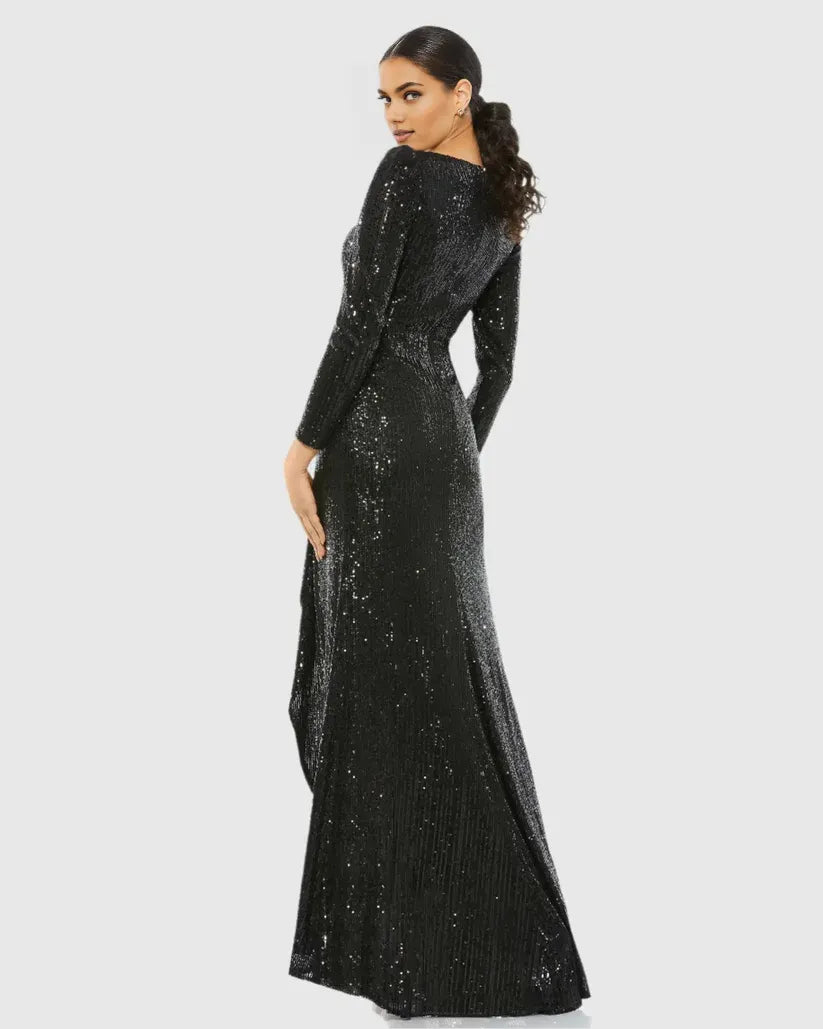 Trendy Sheath V Neck Long Sleeve Zipper Up Floor-Length Prom Dress