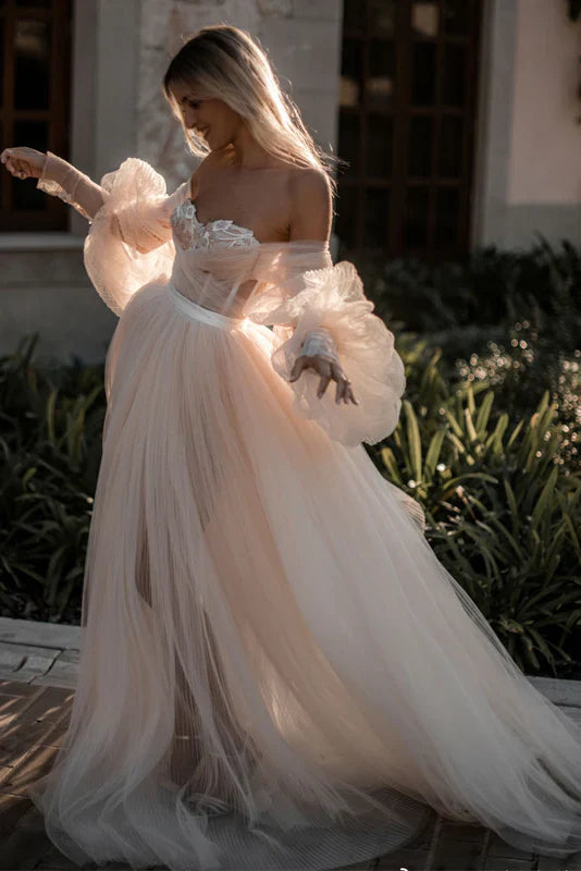 Weitese Formal Women's Dresses Fancy Off-the-Shoulder Sweetheart Tulle A-Line Long Prom Dress Prom Dresses Stores