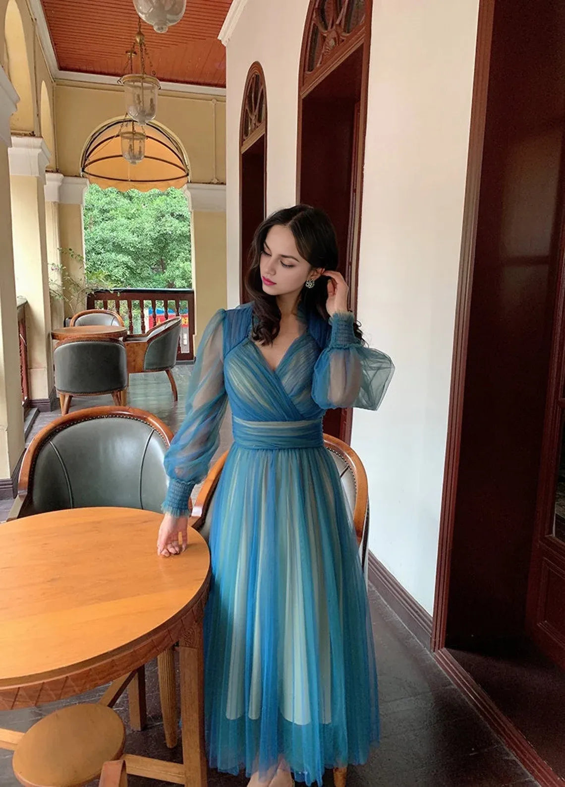 Robe trapèze en tulle, style conte de fées, manches longues, col en V, style rétro français, robe de bal 