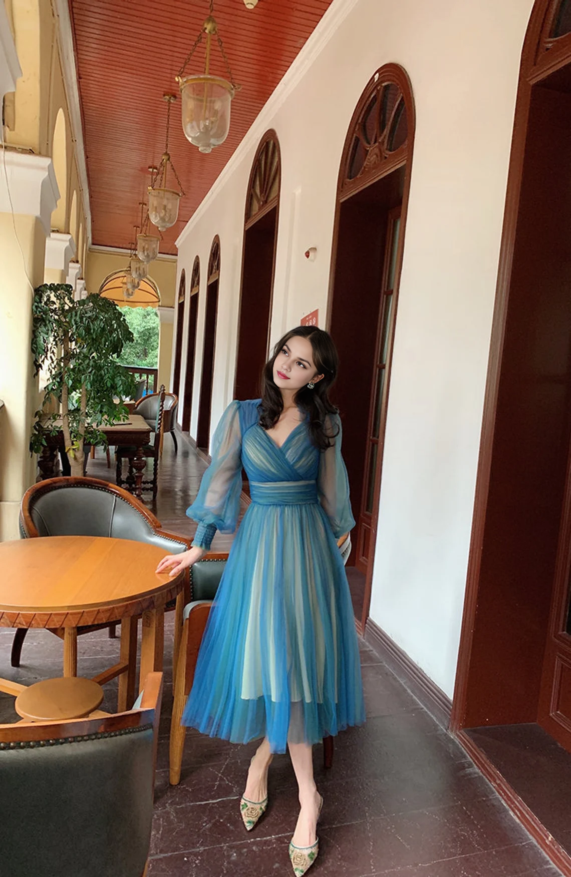 Robe trapèze en tulle, style conte de fées, manches longues, col en V, style rétro français, robe de bal 