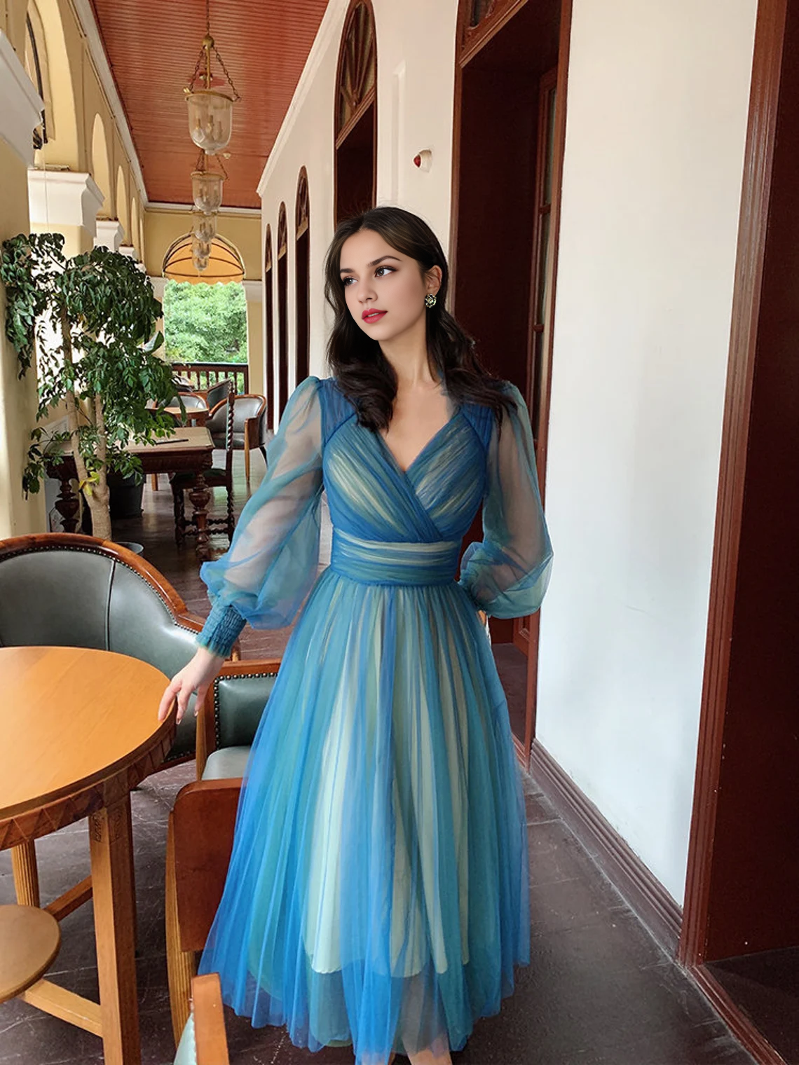 Robe trapèze en tulle, style conte de fées, manches longues, col en V, style rétro français, robe de bal 