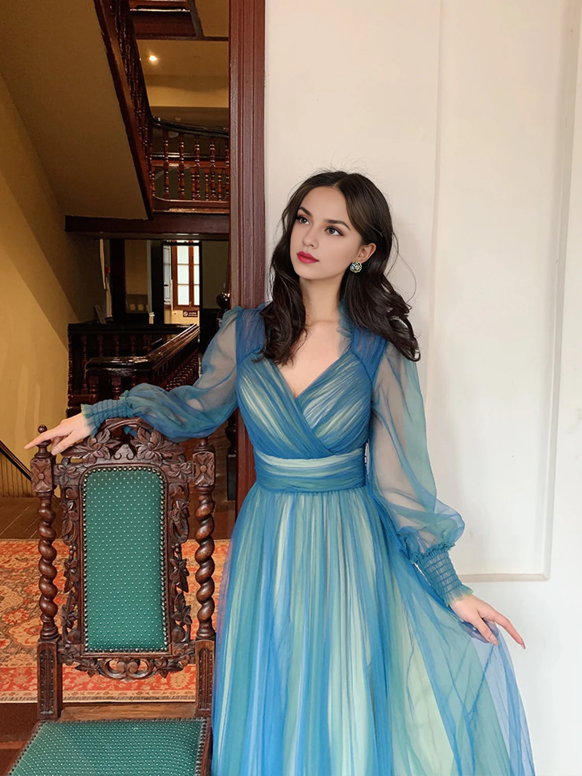 Robe trapèze en tulle, style conte de fées, manches longues, col en V, style rétro français, robe de bal 