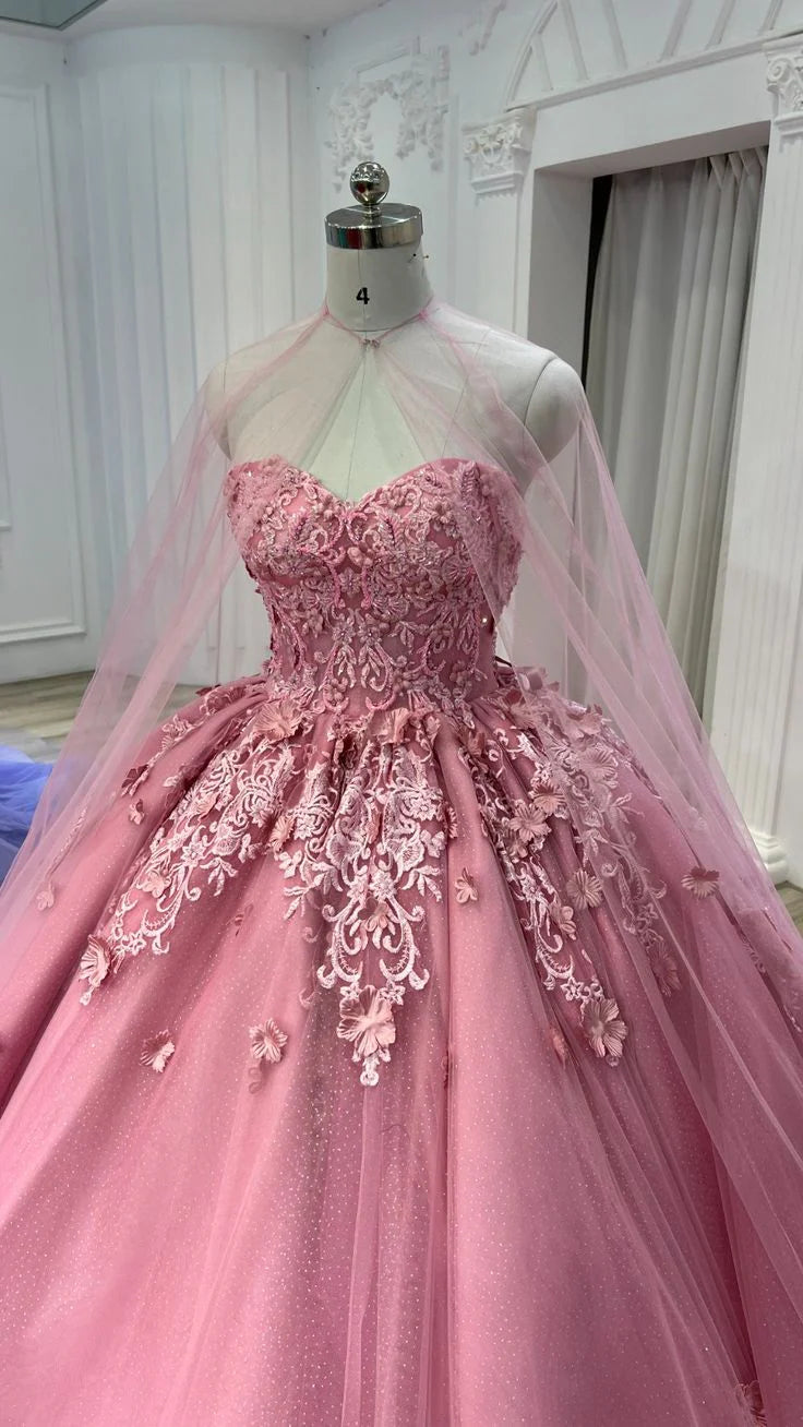 Weitese Formal Women's Dresses Pink Sweetheart Tulle Appliques Ball Gowns Quinceanera Dress with Cape Prom Clothing