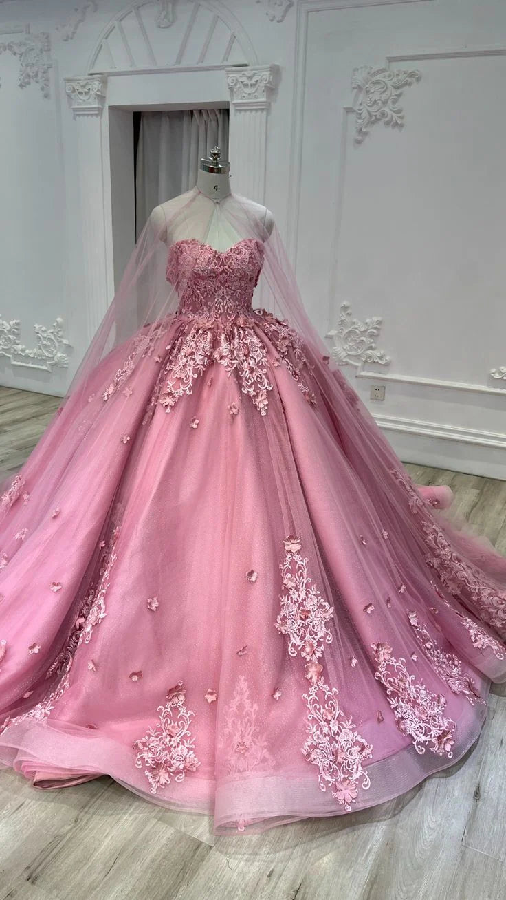 Weitese Formal Women's Dresses Pink Sweetheart Tulle Appliques Ball Gowns Quinceanera Dress with Cape Prom Clothing