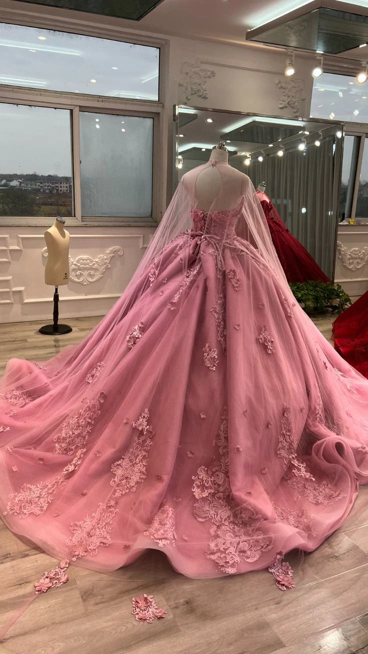 Weitese Formal Women's Dresses Pink Sweetheart Tulle Appliques Ball Gowns Quinceanera Dress with Cape Prom Clothing