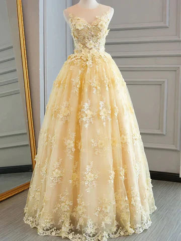Robe de soirée longue en tulle transparent jaune pour femme, coupe trapèze, avec appliques. Magasins de robes de bal. 