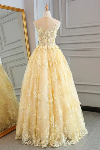 Robe de soirée longue en tulle transparent jaune pour femme, coupe trapèze, avec appliques. Magasins de robes de bal. 