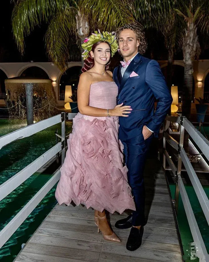 Weitese Formal Women's Dresses Misty Pink Flowered Tulle Prom Dress Strapless Midi Dress Cocktail Party Dress Prom Clothing