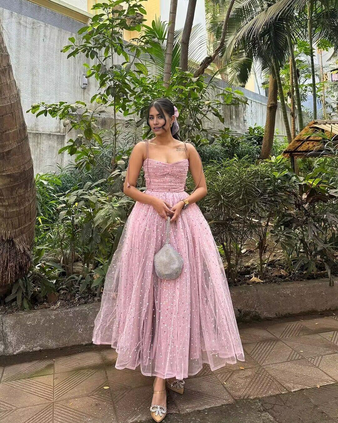 Weitese Formal Women's Dresses Spaghetti Straps Pink Shiny Tulle Prom Dress Sweet A Line Birthday Party Dress Prom Dresses Stores