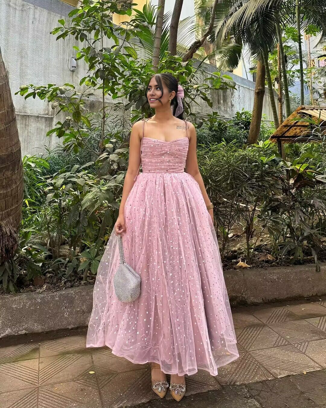 Weitese Formal Women's Dresses Spaghetti Straps Pink Shiny Tulle Prom Dress Sweet A Line Birthday Party Dress Prom Dresses Stores