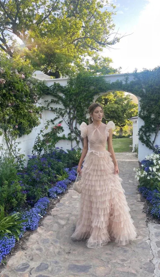 Robe de soirée longue rose clair en tulle à volants pour femme 