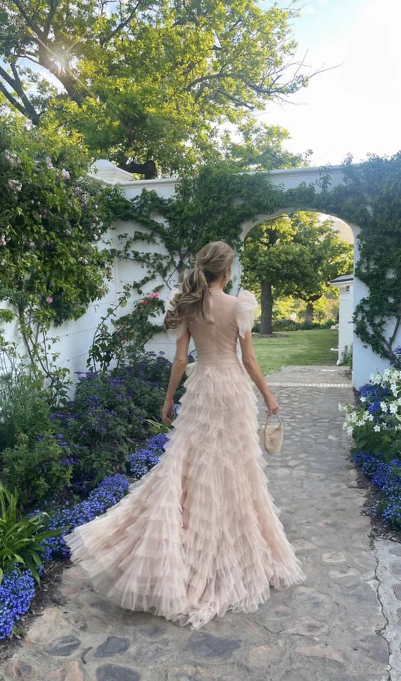 Robe de soirée longue rose clair en tulle à volants pour femme 