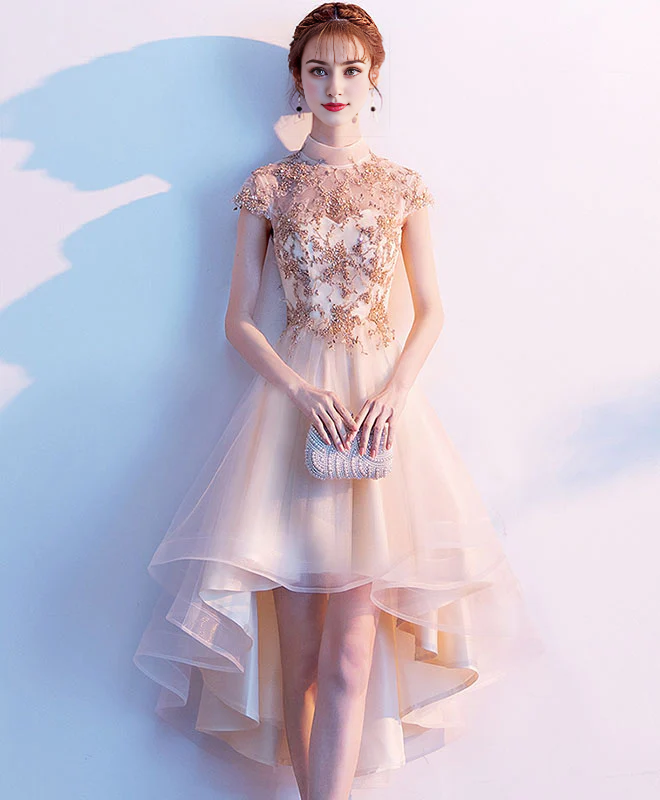 Robe de bal de fin d'année en tulle et dentelle, col mi-haut, coupe haute et basse