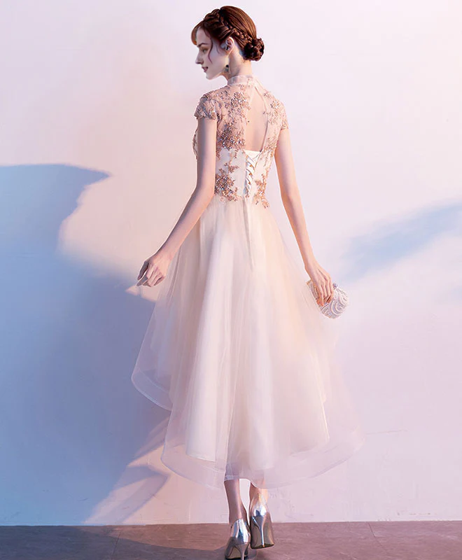 Robe de bal de fin d'année en tulle et dentelle, col mi-haut, coupe haute et basse