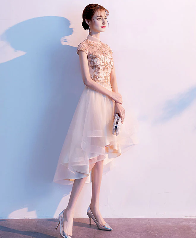 Robe de bal de fin d'année en tulle et dentelle, col mi-haut, coupe haute et basse