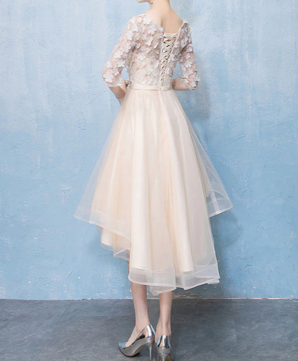 Robe de bal de fin d'année en tulle et dentelle, coupe haute et basse, avec appliques