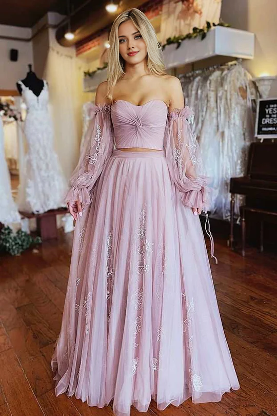 Two-Piece Dusty Pink Strapless A-Line Applique Prom Dress with Sleeves