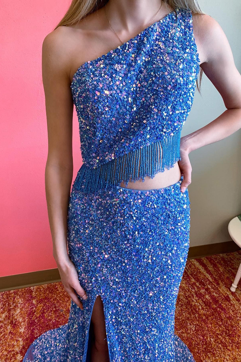 Weitese Two-Piece One Shoulder Sequined Prom Dress with Split