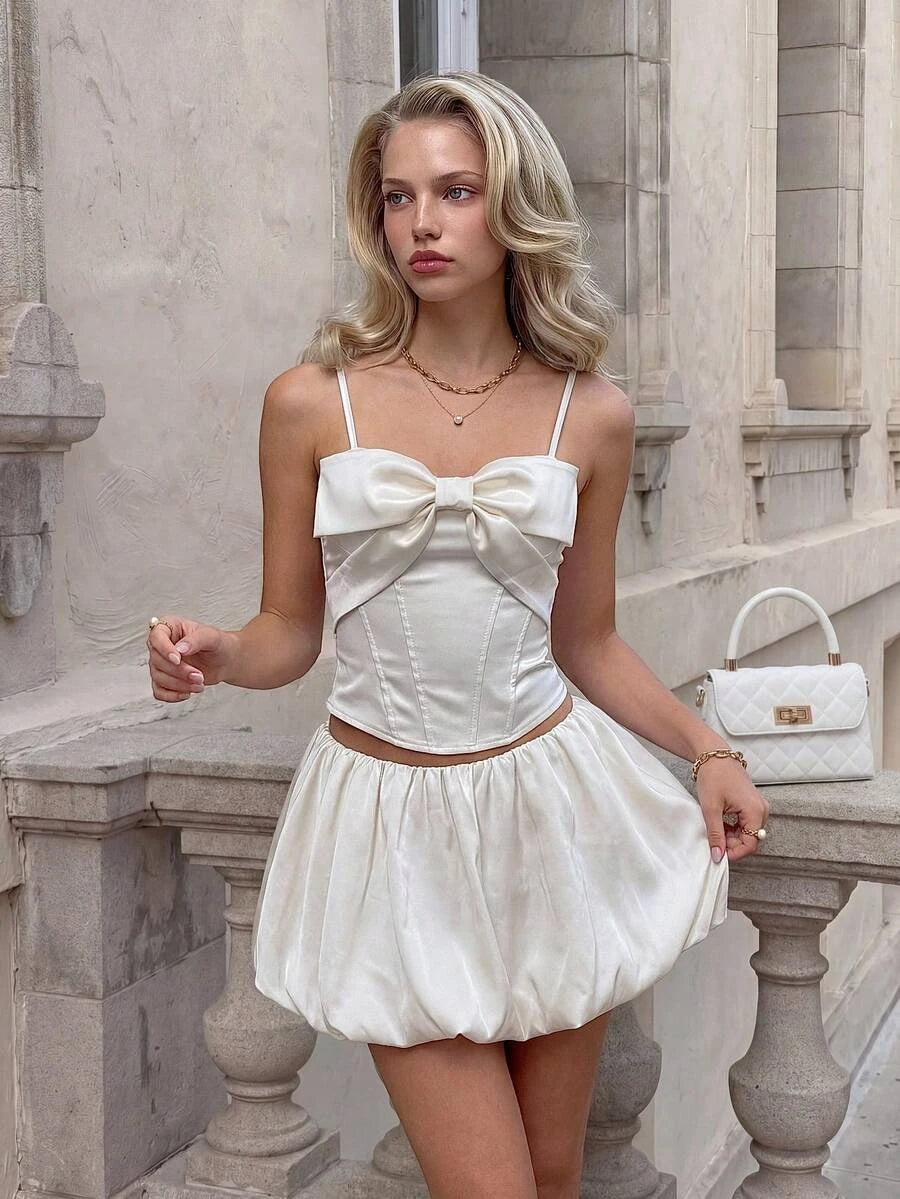 Two-Piece A-Line Spaghetti Straps Corset Bow Satin Ivory Mini Homecoming Dress