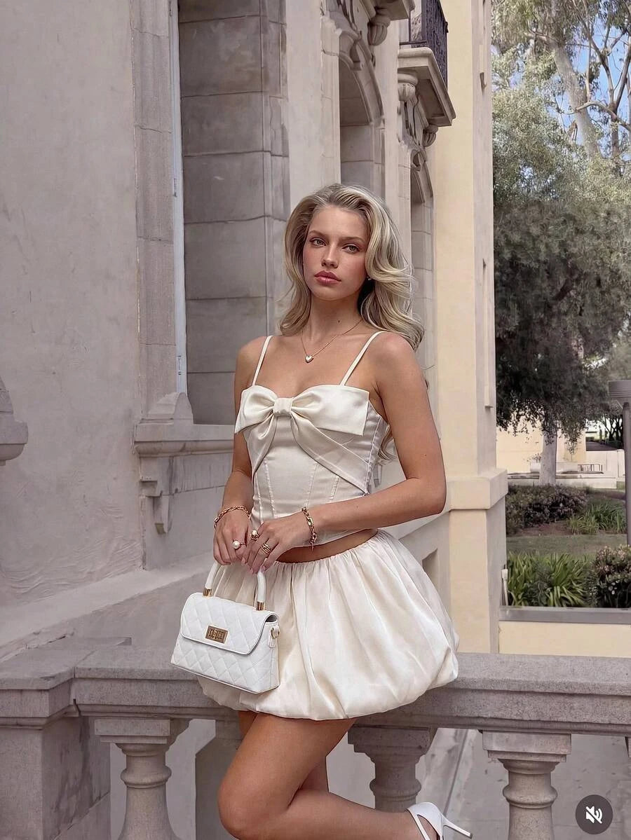 Two-Piece A-Line Spaghetti Straps Corset Bow Satin Ivory Mini Homecoming Dress
